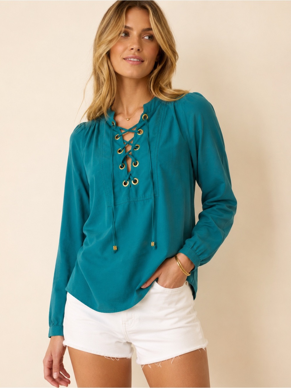 Michael Michael Kors Teal Lace-Up Blouse Small Gold Grommet Long Sleeve Top